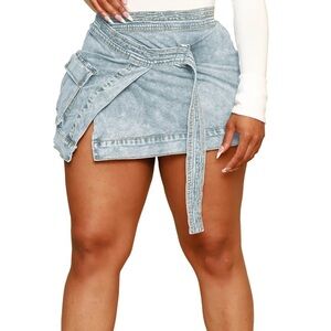 Denim Wrap Mini Skirt with Side Pocket - Dark Blue xl jeans skirt